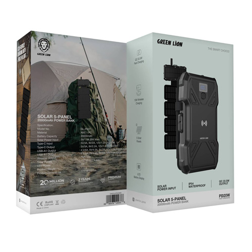 پاوربانک خورشیدی گرین لاین 20 هزار آمپر مدل Solar 5-Panel GL-PX27