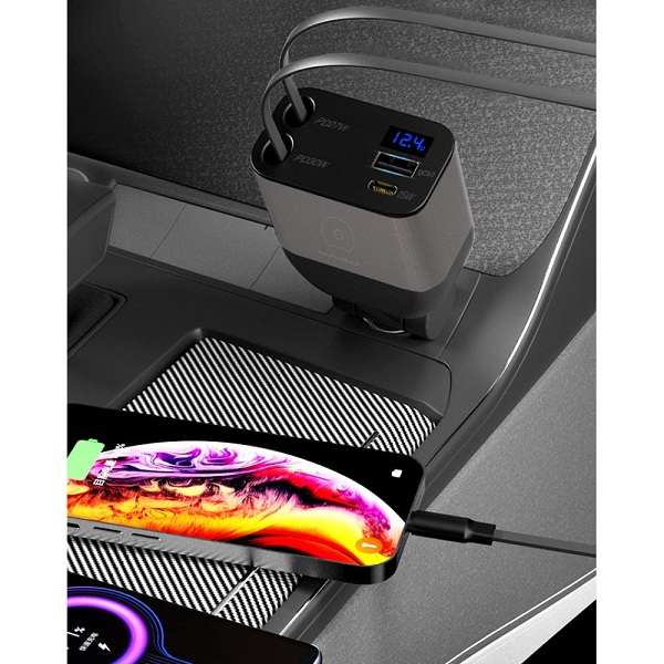 شارژر فندکی خودرو 30 وات مدل WUW C221 با دو پورت USB و Type-C و طول کابل 80 سانتیمتر