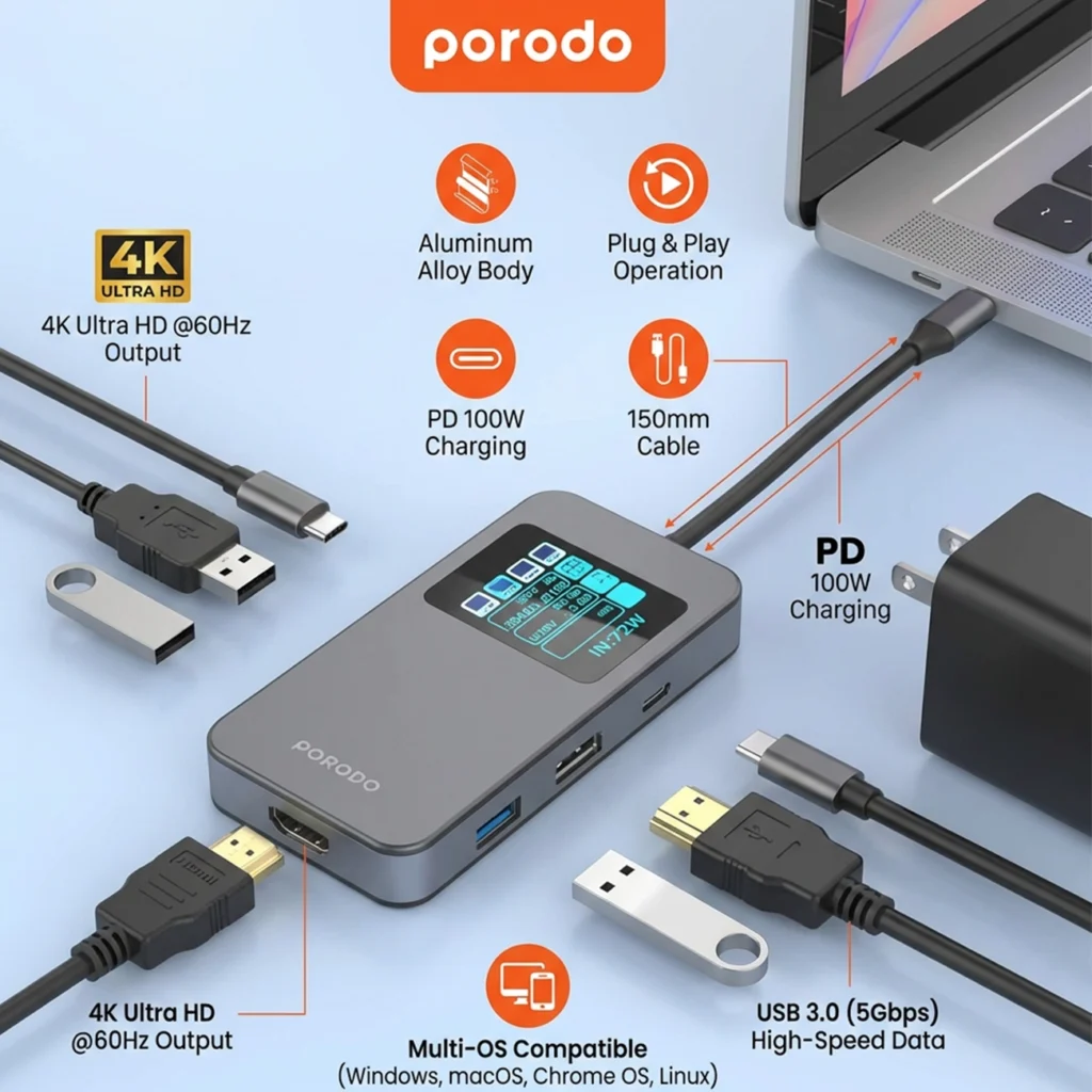 هاب تایپ سی 6 پورت پرودو Porodo Multi-Port USB-C Hub PDTC630