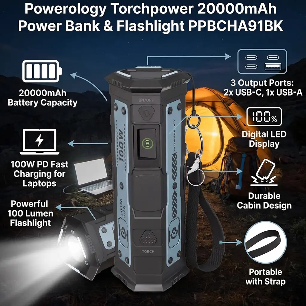 پاوربانک 20000 پاورولوژی مدل Powerology PPBCHA91BK با توان خروجی 100W و چراغ قوه