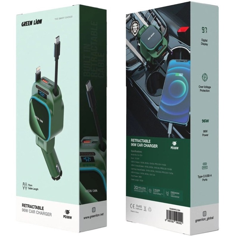 شارژر فندکی فست شارژ ماشین 96 وات USB، Type-C و Lightning گرین لاین