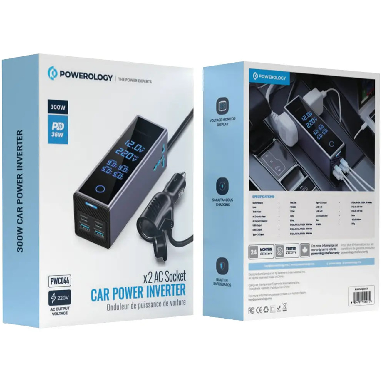 اینورتر فندکی USB و تایپ‌سی 300 وات پاورولوژی مدل PWCUQC044