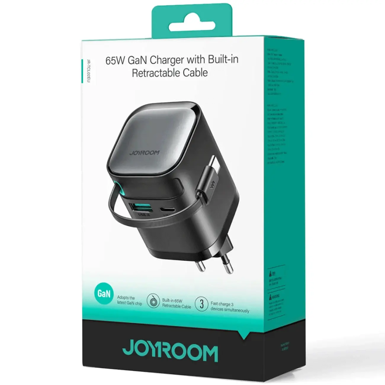 شارژر دیواری فست تایپ سی و یو اس بی 65 وات جویروم همراه با کابل تایپسی جمعشونده 70 سانتیمتری JR-TCL02EU