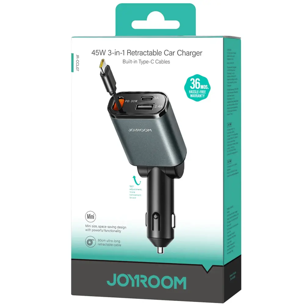 شارژر فندکی فست شارژ 30 وات با کابل جمع شونده Type-C جویروم JR-CCL07