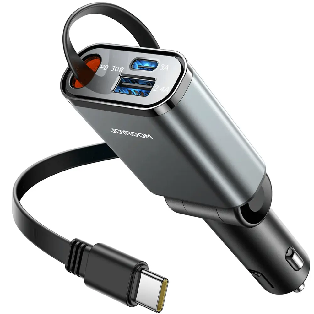 شارژر فندکی فست شارژ 30 وات با کابل جمع شونده Type-C جویروم JR-CCL07