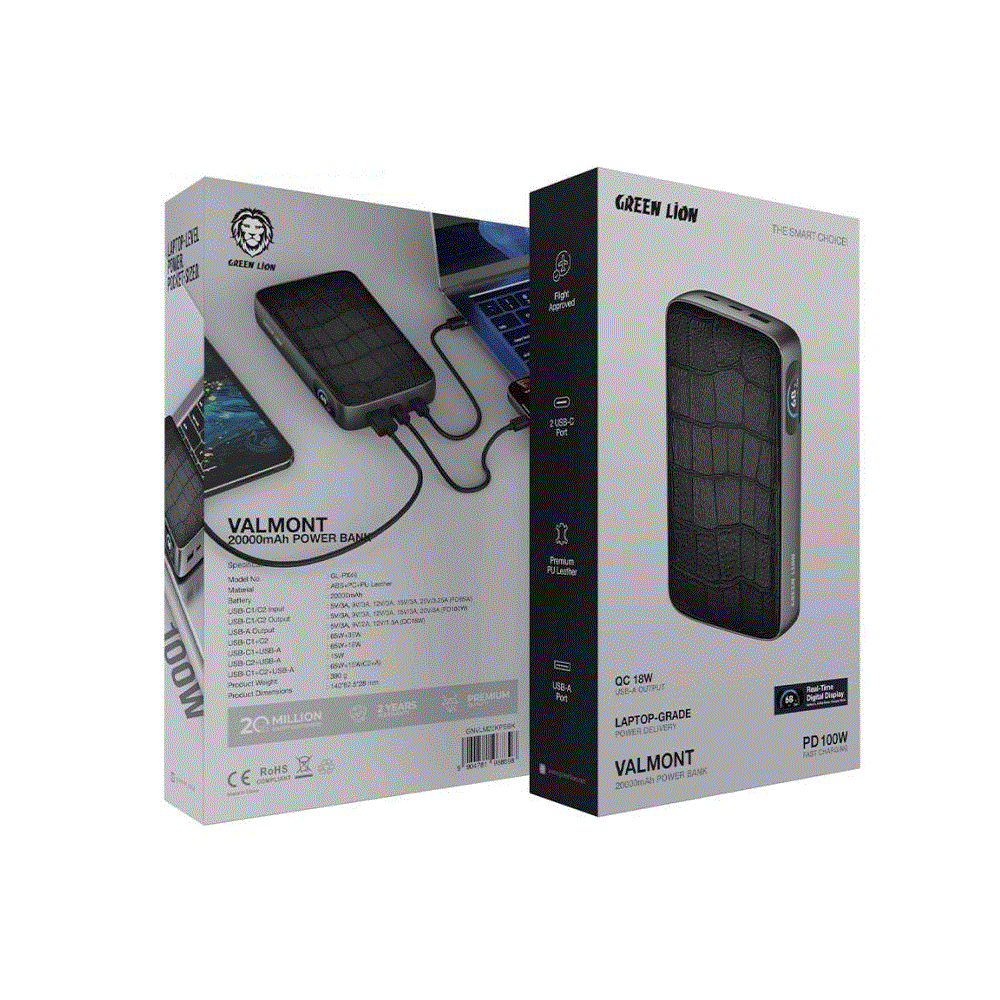 پاوربانک 20000 میلی آمپر 100 وات گرین لاین مدل Valmont 20000mAh