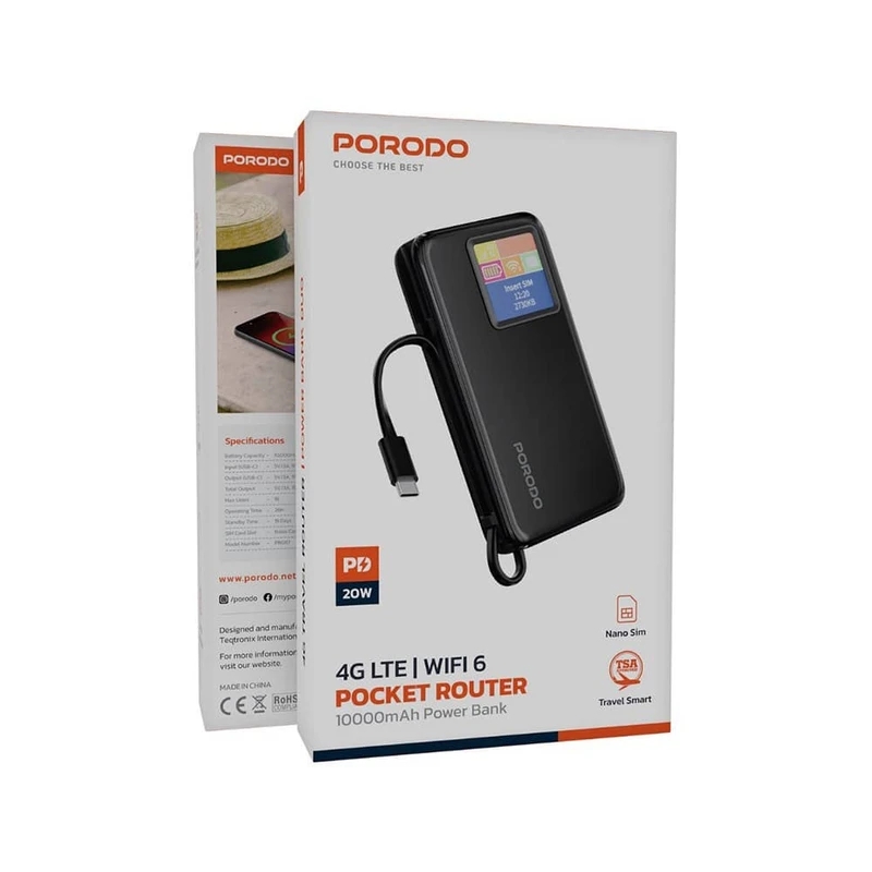 مودم همراه 4G LTE Wife 6 و پاوربانک 10000 تایپ‌سی 20 وات پورودو Porodo PB087 با نمایشگر دیجیتالی