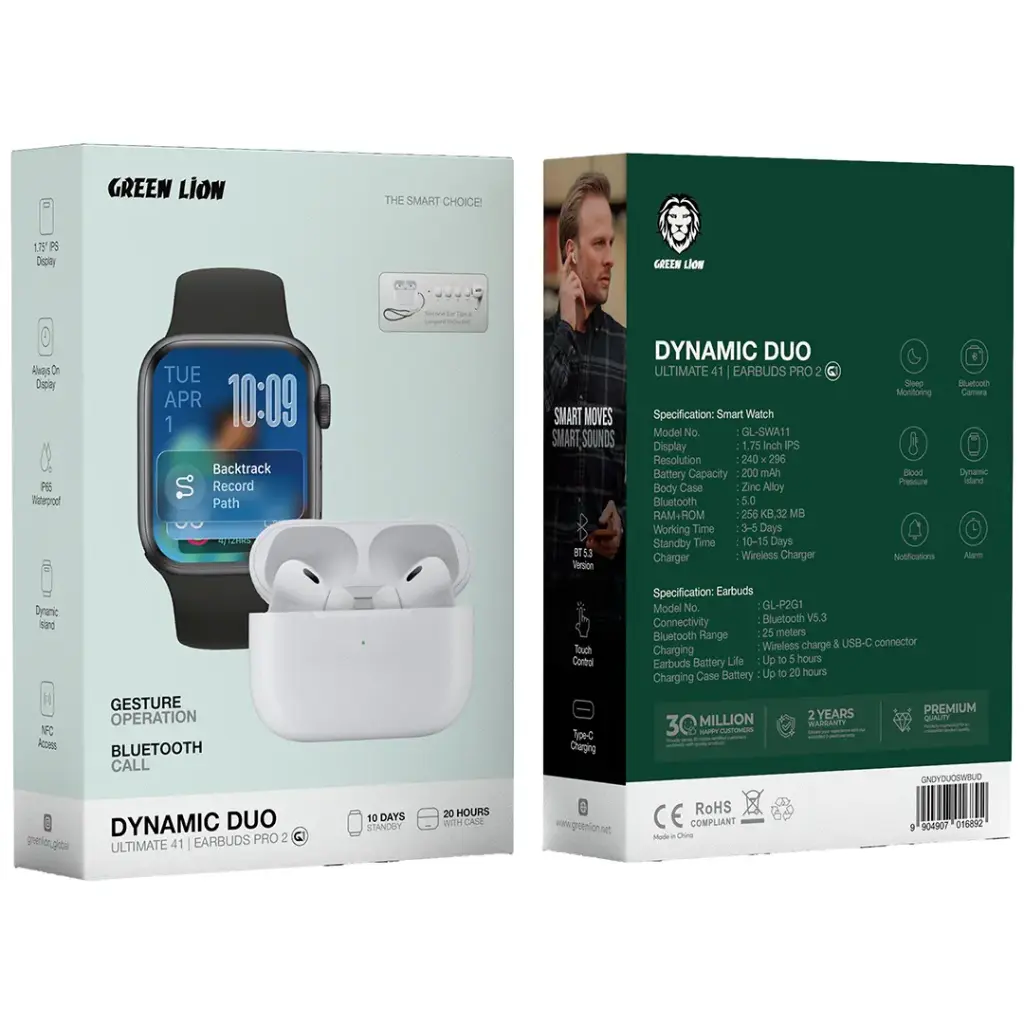پک ساعت هوشمند و ایرباد پرو ۲ گرین لاین مدل Green Lion Dynamic Duo