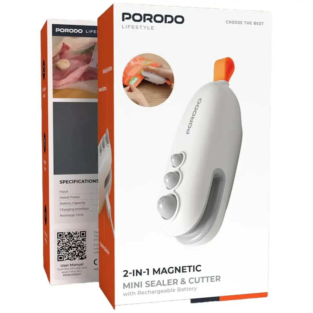 دستگاه دوخت و پرس کن دستی پلاستیکی پرودو مدل porodo 2 in 1 magnetic mini sealer & cutter