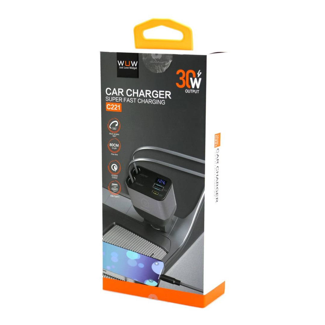 شارژر فندکی خودرو 30 وات مدل WUW C221 با دو پورت USB و Type-C و طول کابل 80 سانتیمتر