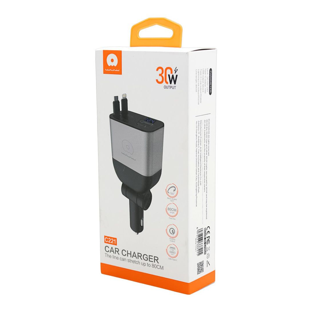 شارژر فندکی خودرو 30 وات مدل WUW C221 با دو پورت USB و Type-C و طول کابل 80 سانتیمتر