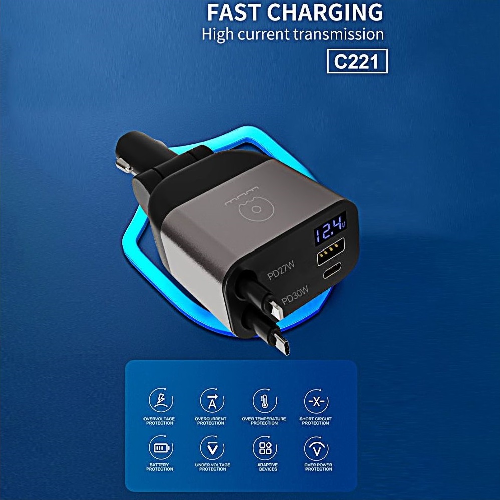 شارژر فندکی خودرو 30 وات مدل WUW C221 با دو پورت USB و Type-C و طول کابل 80 سانتی‌متر