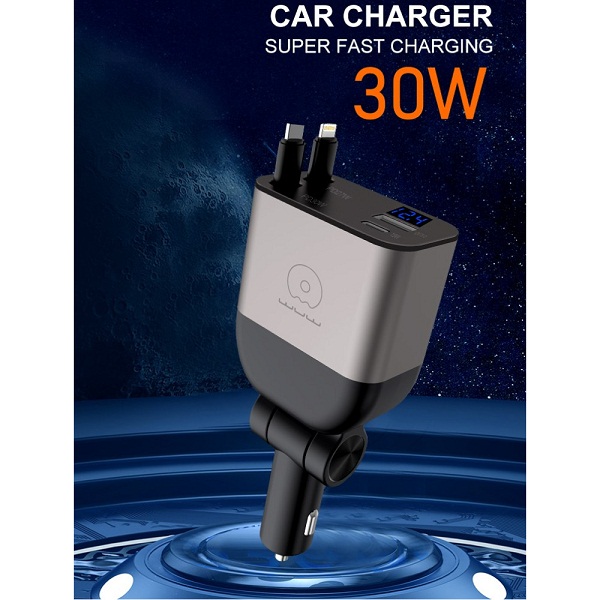شارژر فندکی خودرو 30 وات مدل WUW C221 با دو پورت USB و Type-C و طول کابل 80 سانتیمتر
