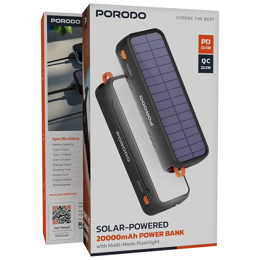 پاور بانک خورشیدی پرودو ظرفیت 20000 میلی آمپر ساعت مدل Porodo Solar Powered PDPBAS149