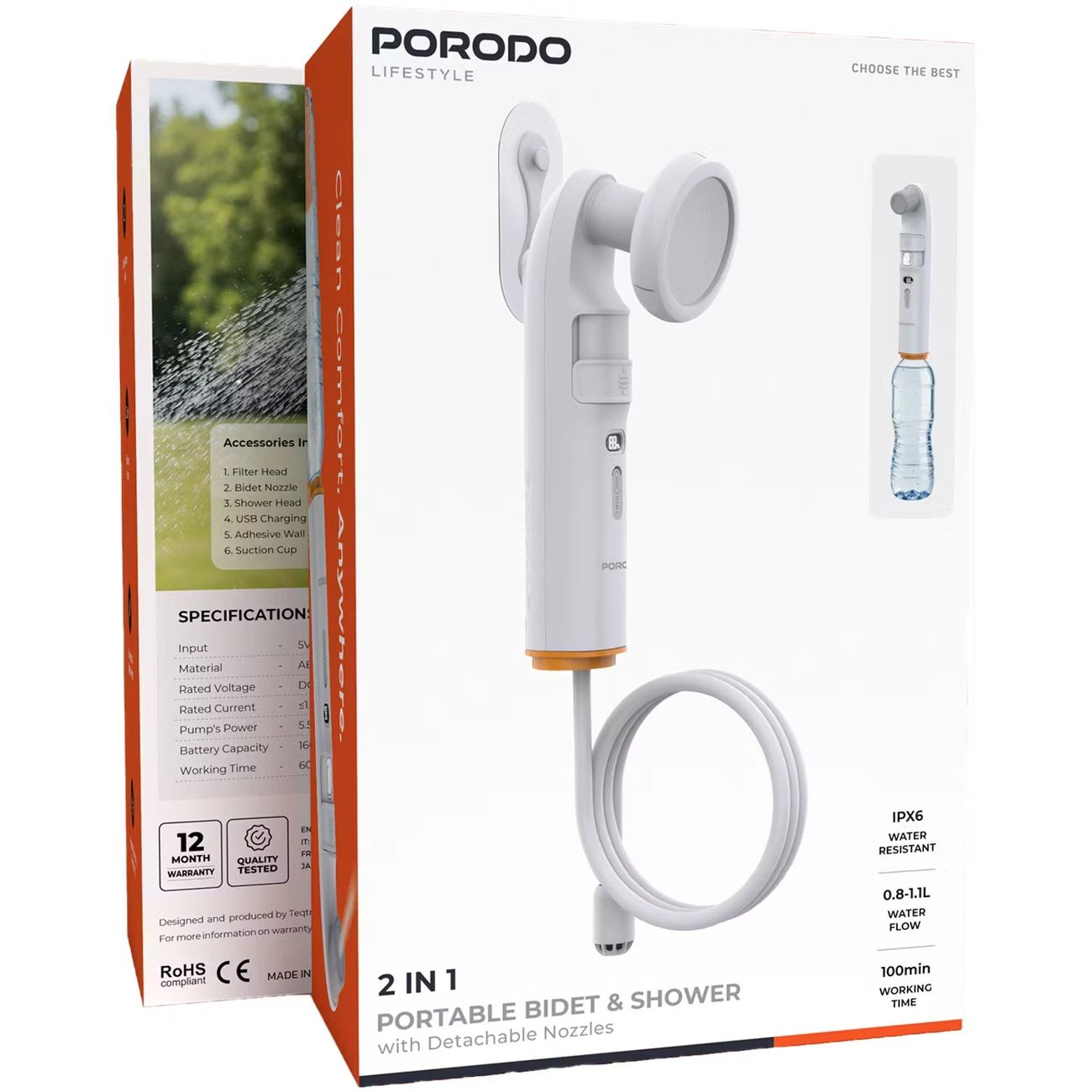 خودشور و دوش شارژی سفری پرودو Porodo Portable Bidet & Shower with Detachable Nozzles