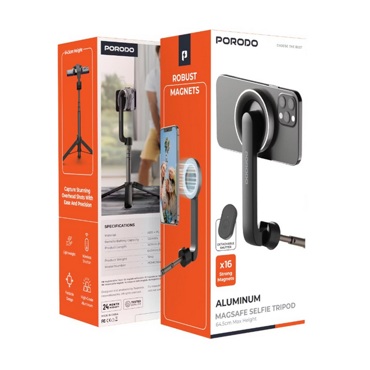سه‌پایه سلفی مغناطیسی پورودو با پایه آلومینیومی و سازگار با MagSafe مدل PORODO PDMGS64