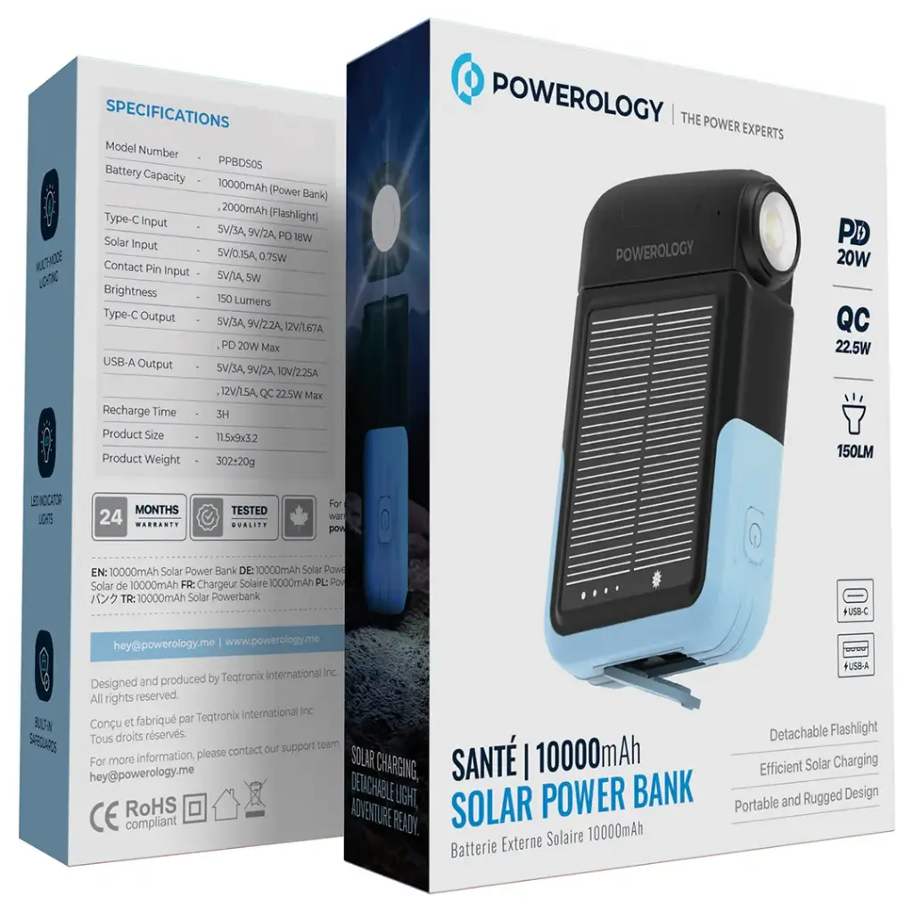 پاوربانک خورشیدی 10000 و چراغ قوه پاورولوژی Powerology Sante Solar Power Bank PPBDS05BK