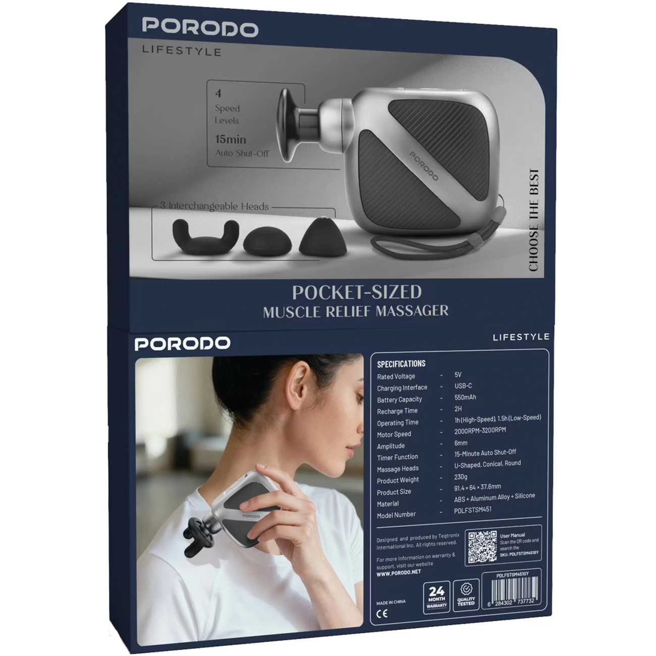 ماساژور جیبی تفنگی شارژی پرودو مدل Porodo PDLFSTSM451GY