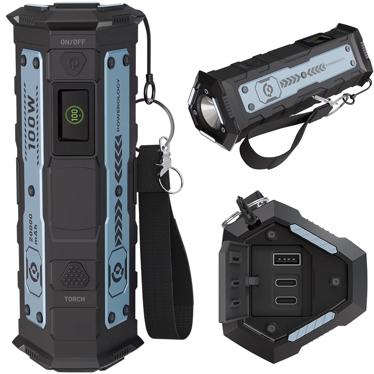 پاوربانک 20000 پاورولوژی مدل Powerology PPBCHA91BK با توان خروجی 100W و چراغ قوه