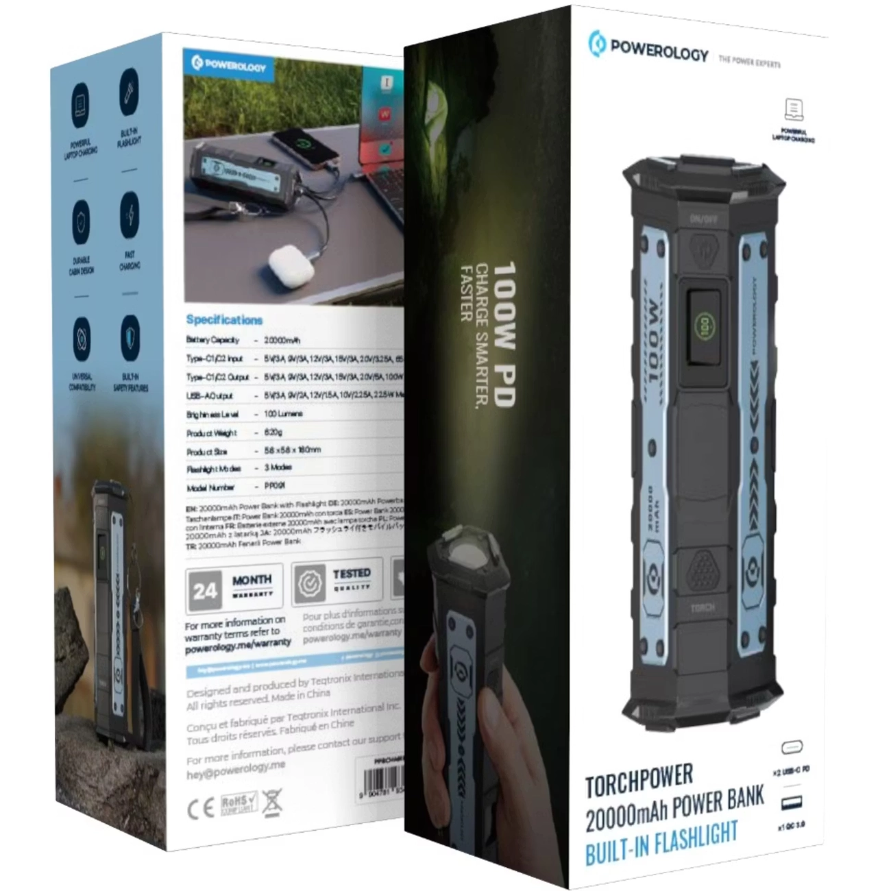 پاوربانک 20000 پاورولوژی مدل Powerology PPBCHA91BK با توان خروجی 100W و چراغ قوه