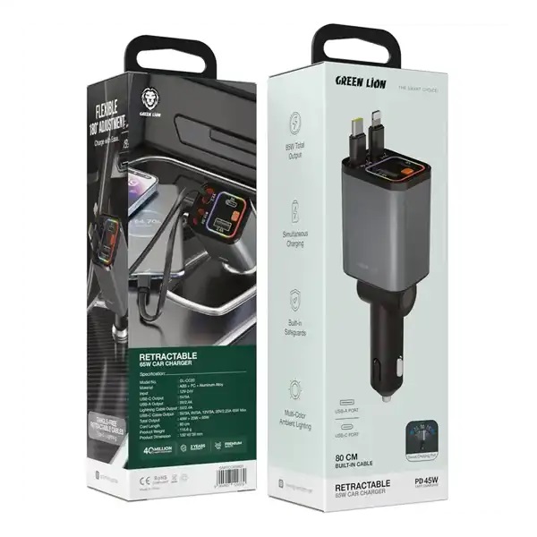 شارژر فندکی 65 وات با کابل جمع شونده گرین لاین Green Lion Retractable Car Charger