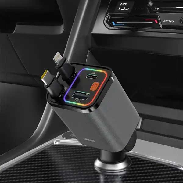 شارژر فندکی 65 وات با کابل جمع شونده گرین لاین Green Lion Retractable Car Charger