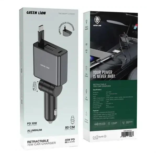 شارژر فندکی 75 وات با کابل جمع شونده گرین لاین Green Lion Retractable Car Charger GNRT75WCCGY