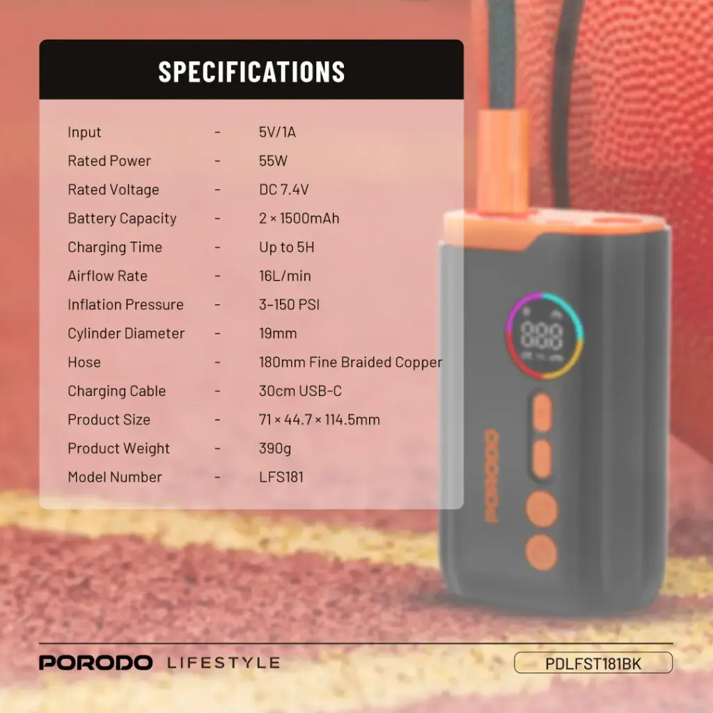پمپ باد شارژی پرودو مدل Porodo Electric Air Inflator PDLFST181