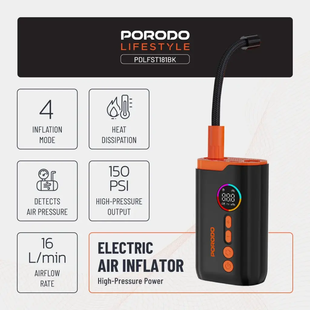 پمپ باد شارژی پرودو مدل Porodo Electric Air Inflator PDLFST181