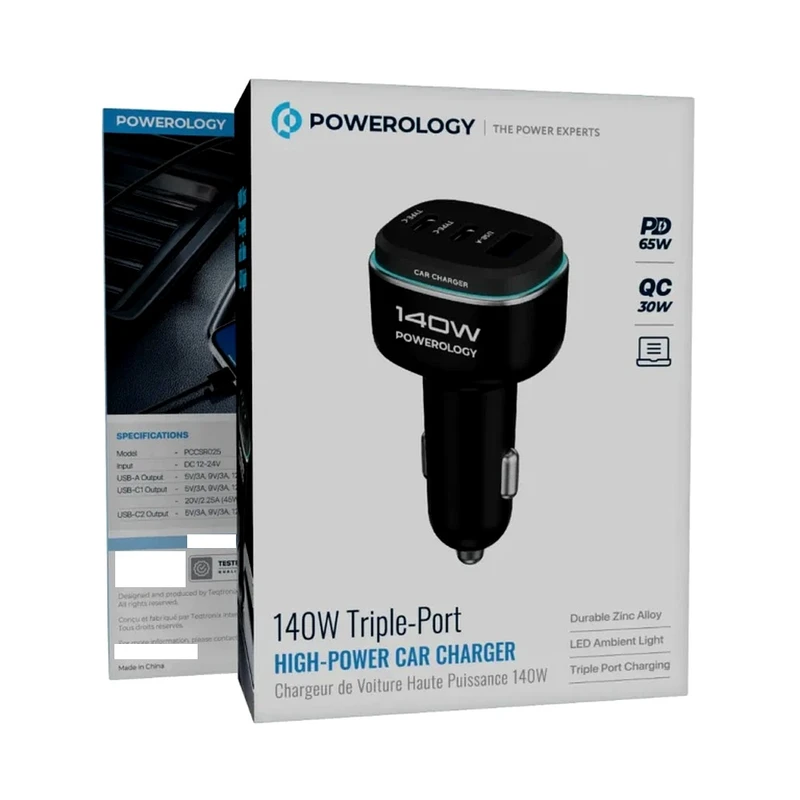 شارژر فندکی 140 وات 3 پورت پاورولوژی مدل Powerology 140W Triple-Port PCCSR025