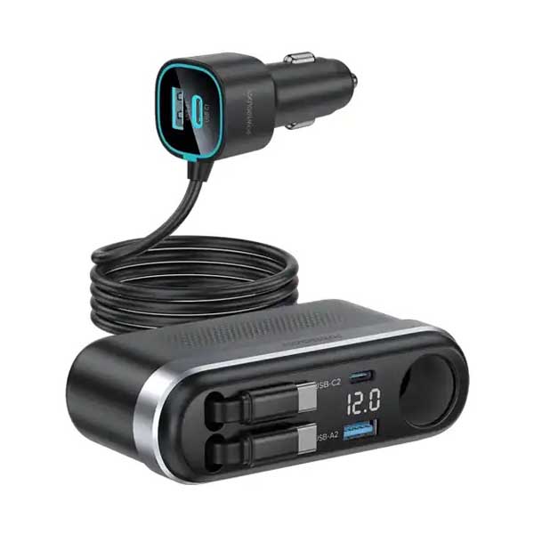 شارژر فندکی 60 وات با کابل جمع شونده پاورولوژی Powerology Currnex Car Charger PCCSR19BK