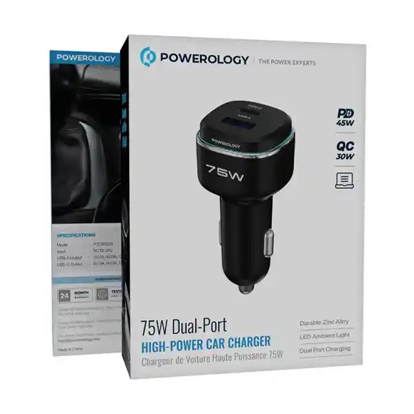 شارژر فندکی خودرو پاورولوژی مدل Powerology DUAL-PORT 75W PCCSR024