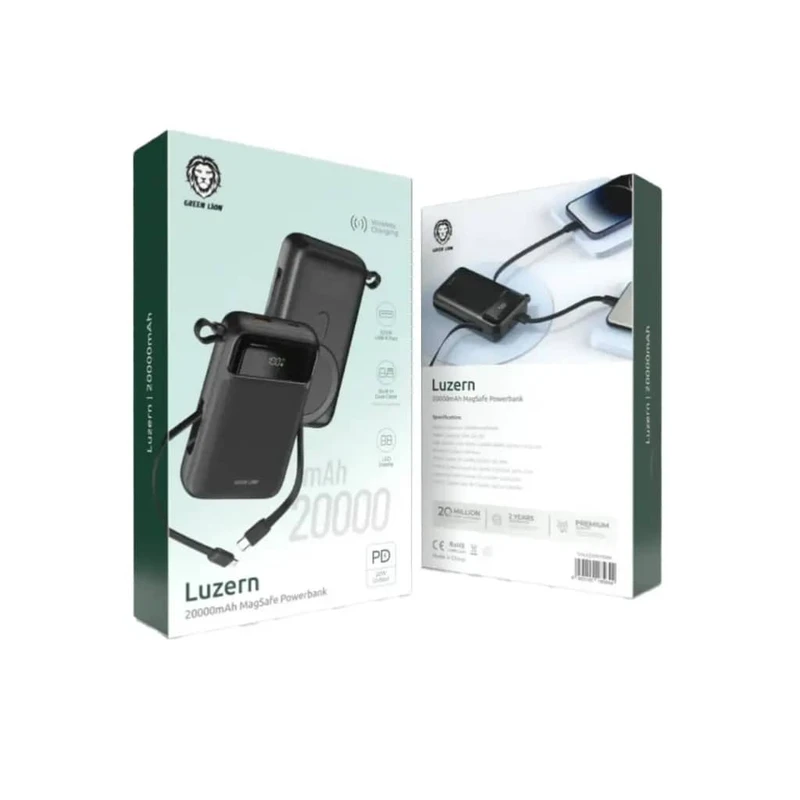 پاوربانک وایرلس 20 هزار به همراه کابل متصل گرین لاین مدل Green Lion Luzern GNLEZ20KPBBK