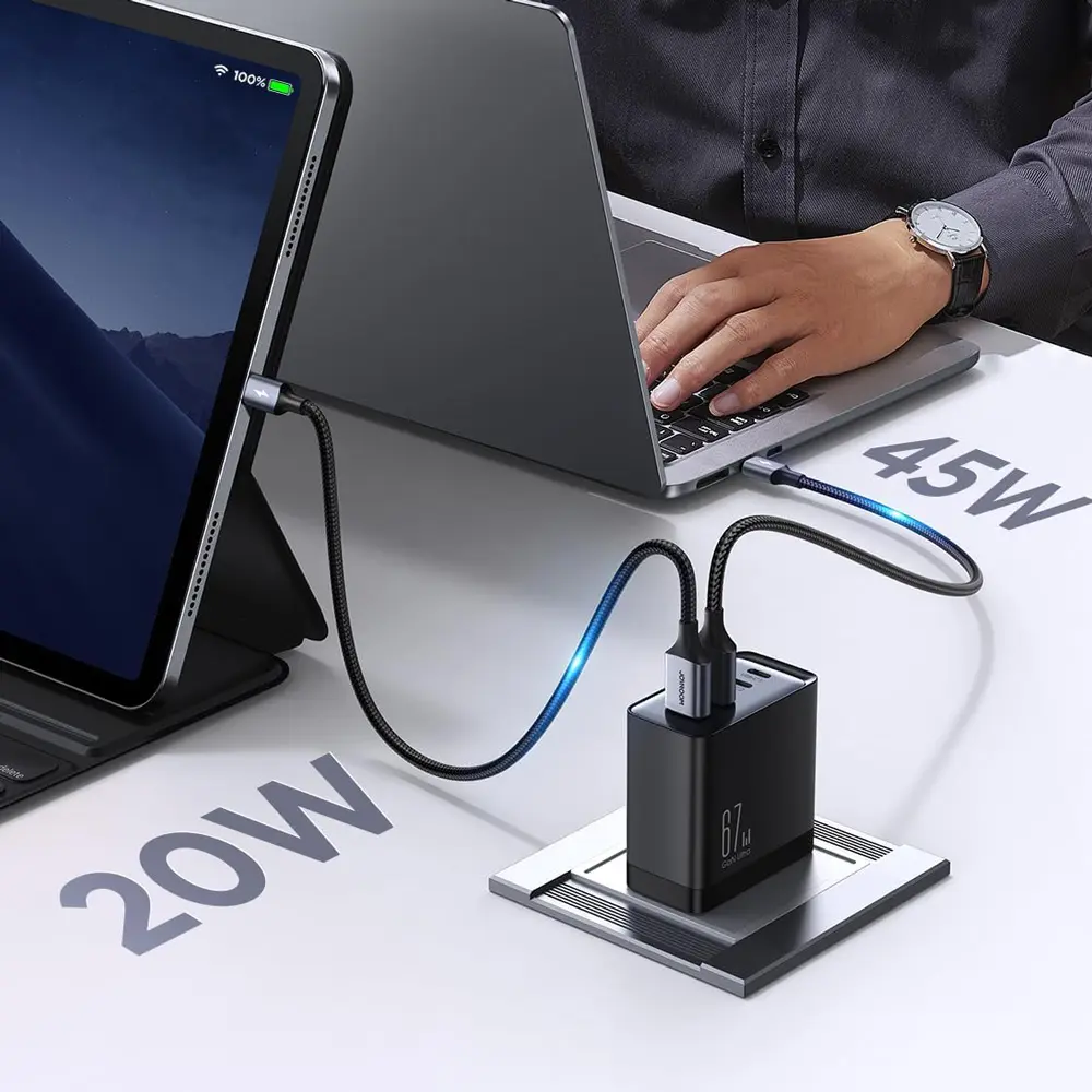 شارژر دیواری تایپ سی و یو اس بی 67 وات با کابل دو سر تایپ‌سی جویروم JOYROOM JR-TCG02
