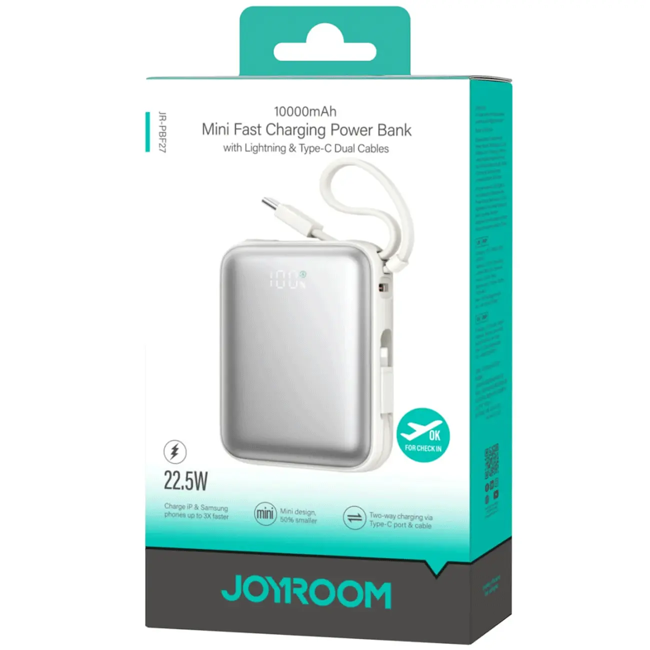 پاوربانک 10000 فست شارژ 22.5 وات جویروم مدل Joyroom JR-PBF27 همراه با کابل تایپ سی و لایتنینگ