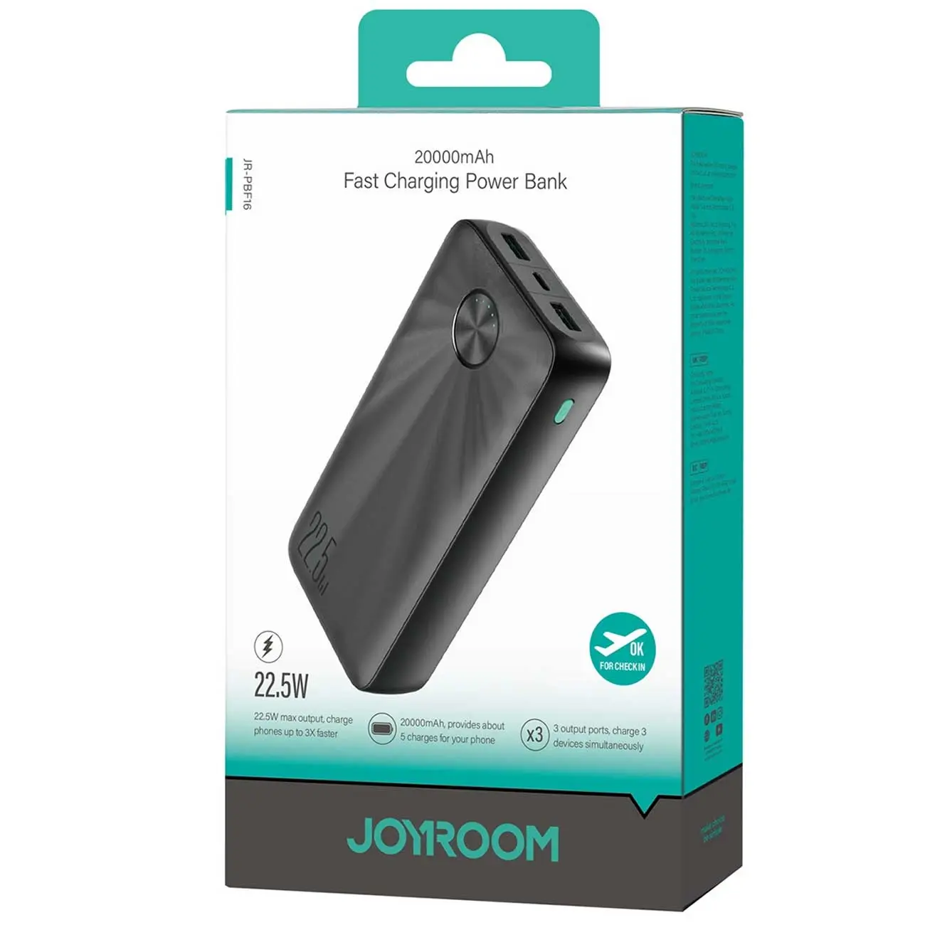 پاوربانک 20000 فست شارژ جویروم مدل JOYROOM JR-PBF16 تایپ سی 20 وات و یو اس بی 22.5 وات