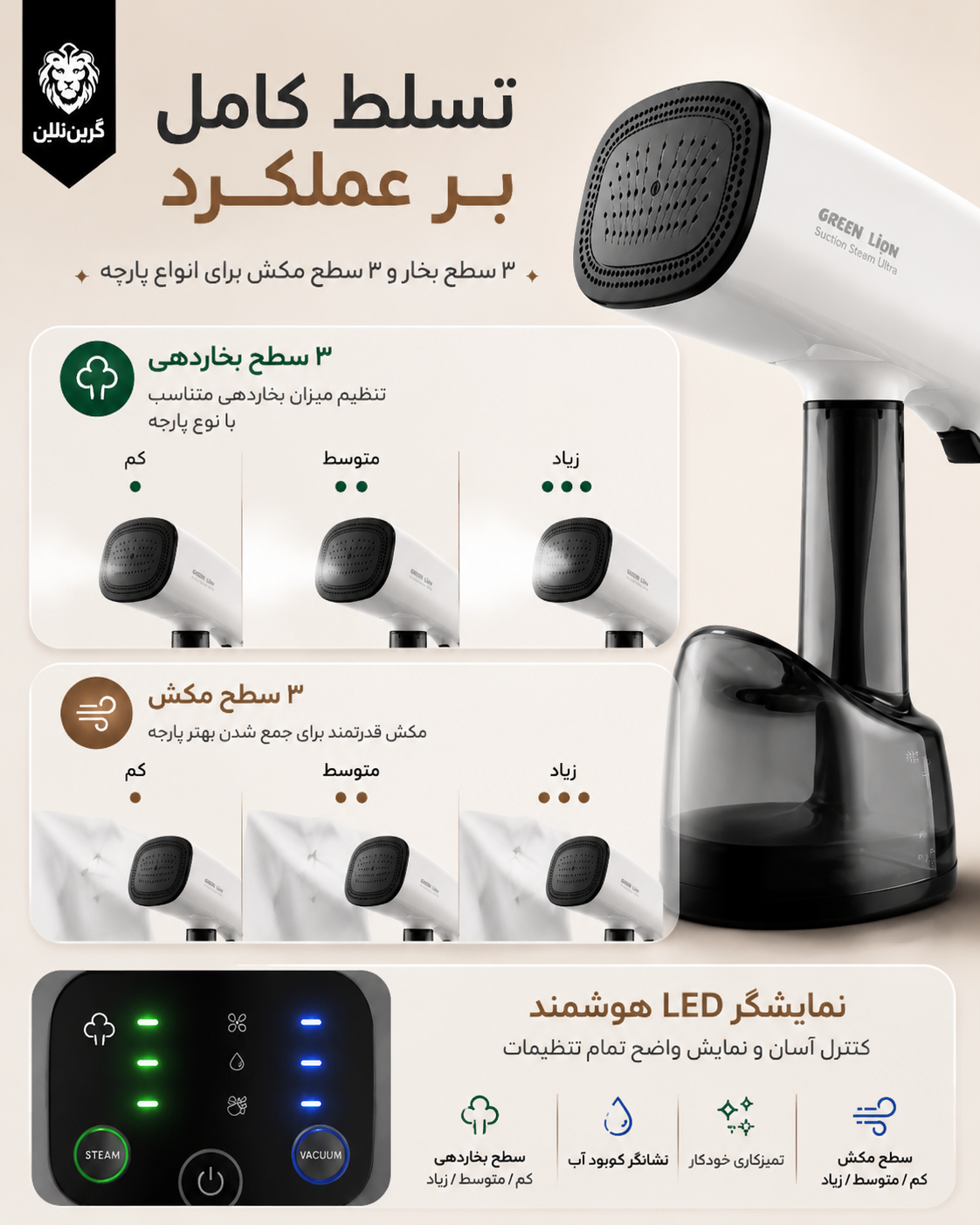 اتو بخار دستی گرین لاین مدل Green Lion Suction Steam Ultra GNBX200STM