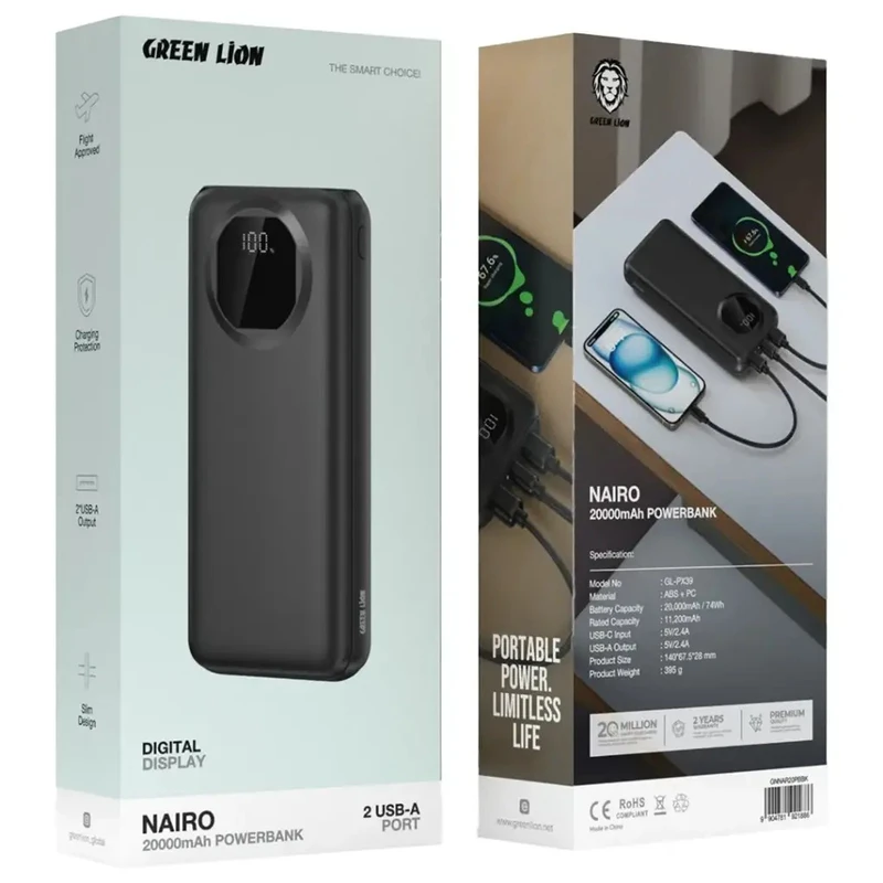 پاوربانک 20 هزار گرین لاین مدل Green Lion Nairo GNNAR20PBPDBK