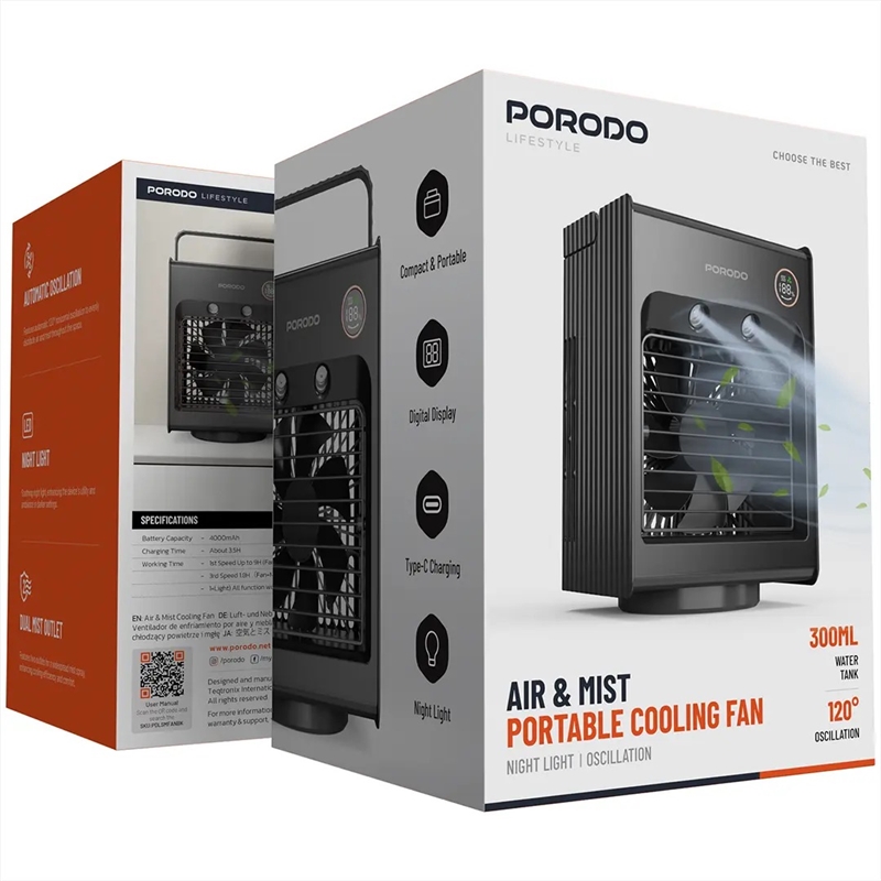پنکه رومیزی مه پاش شارژی پرودو Porodo Air & Mist Portable Cooling Fan PDLSMFAN