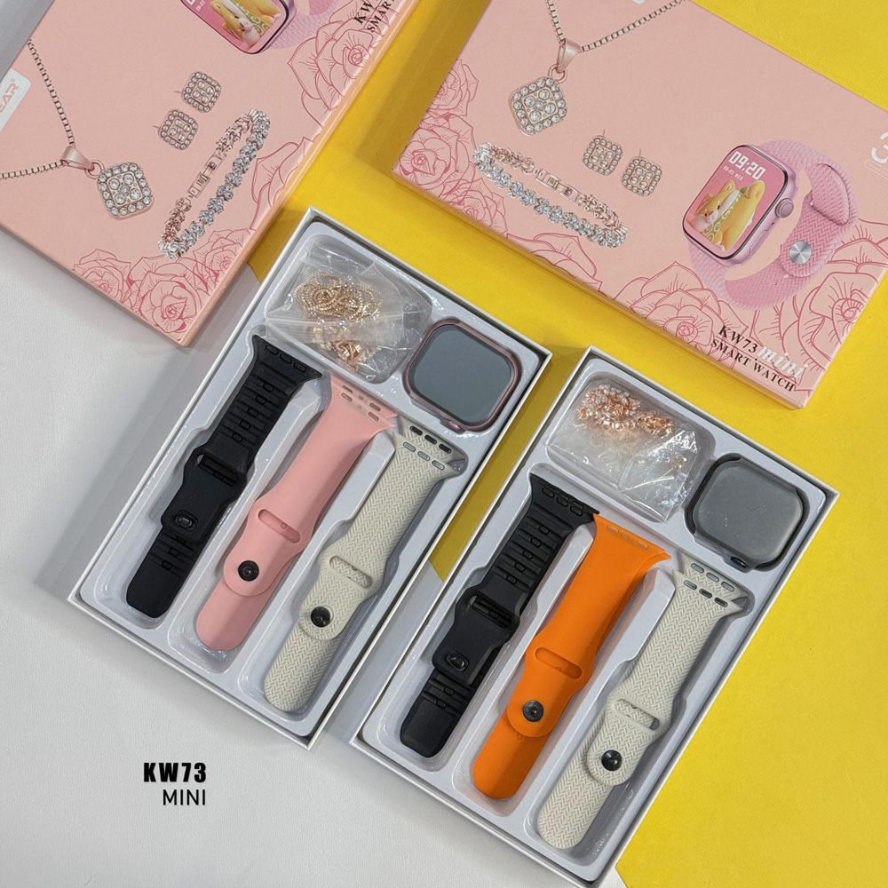 پکیج ساعت هوشمند و دستبند و گوشواره و گردنبند زنانه کیکویر مدل KW73 Mini
