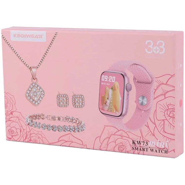 پکیج ساعت هوشمند و دستبند و گوشواره و گردنبند زنانه کیکویر مدل KW73 Mini