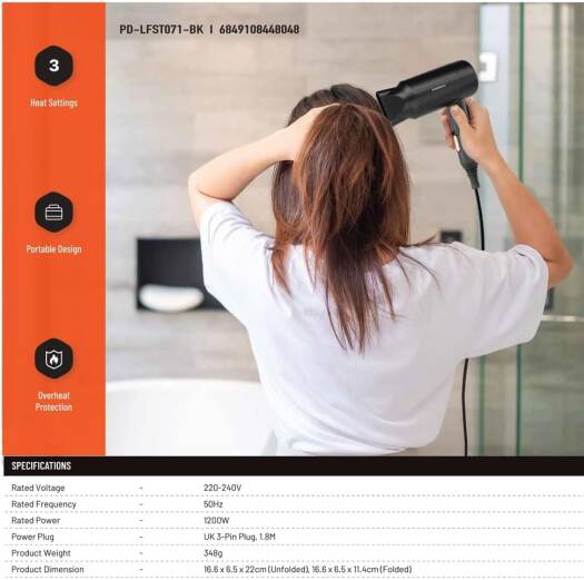 سشوار تاشو مسافرتی 1200 وات پرودو Porodo Lifestyle Foldable Hair Dryer PD-LFST071