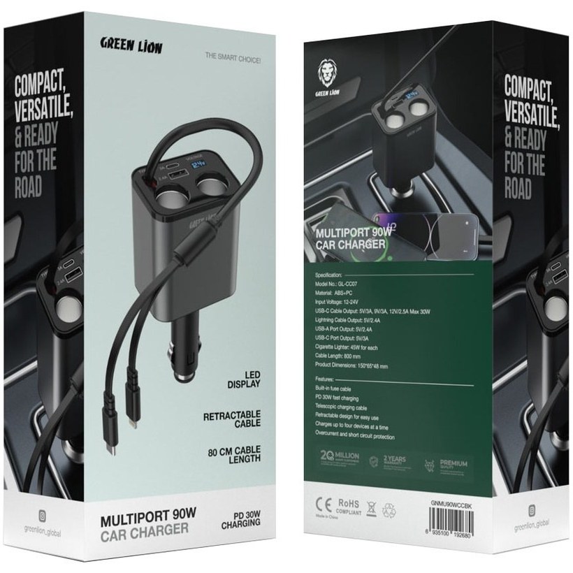 شارژر فندکی 90 واتی گرین لاین مدل GREEN LION MULTIPORT GL-CC07