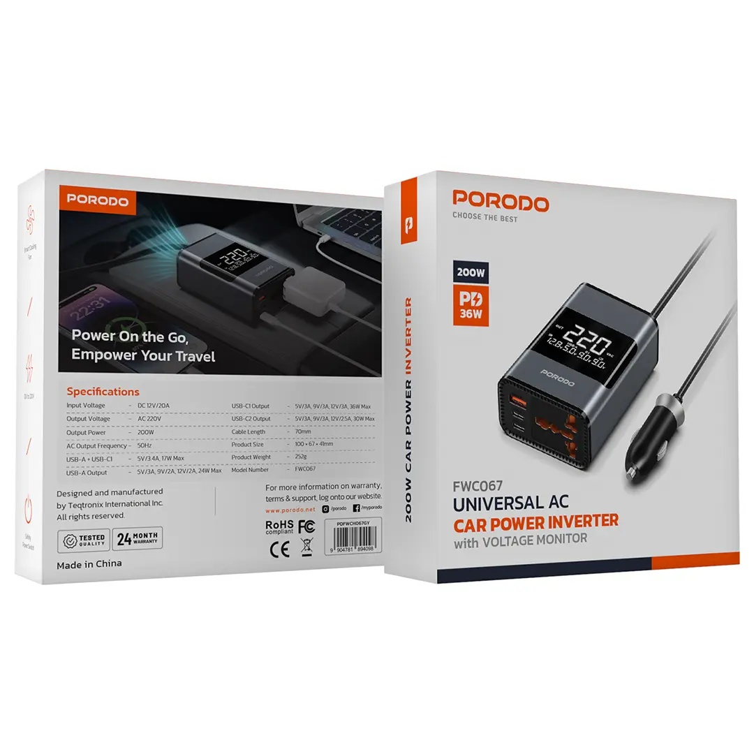 مبدل برق اینورتر 200 وات پرودو مدل Porodo Universal AC Car Power Inverter PDFWCH067GY