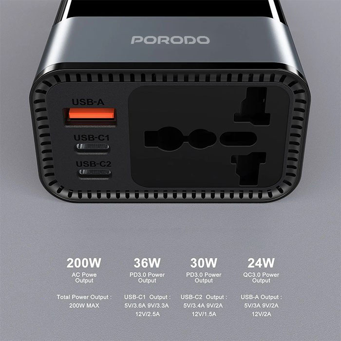 مبدل برق اینورتر 200 وات پرودو مدل Porodo Universal AC Car Power Inverter PDFWCH067GY