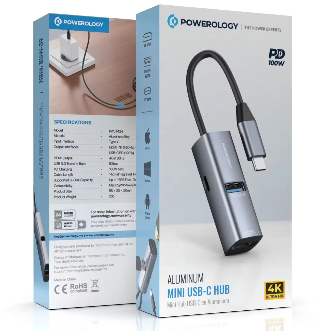 هاب تایپ سی 100 واتی پاورولوژی مدل Powerology Aluminum Mini USB-C Hub PWJT424BK