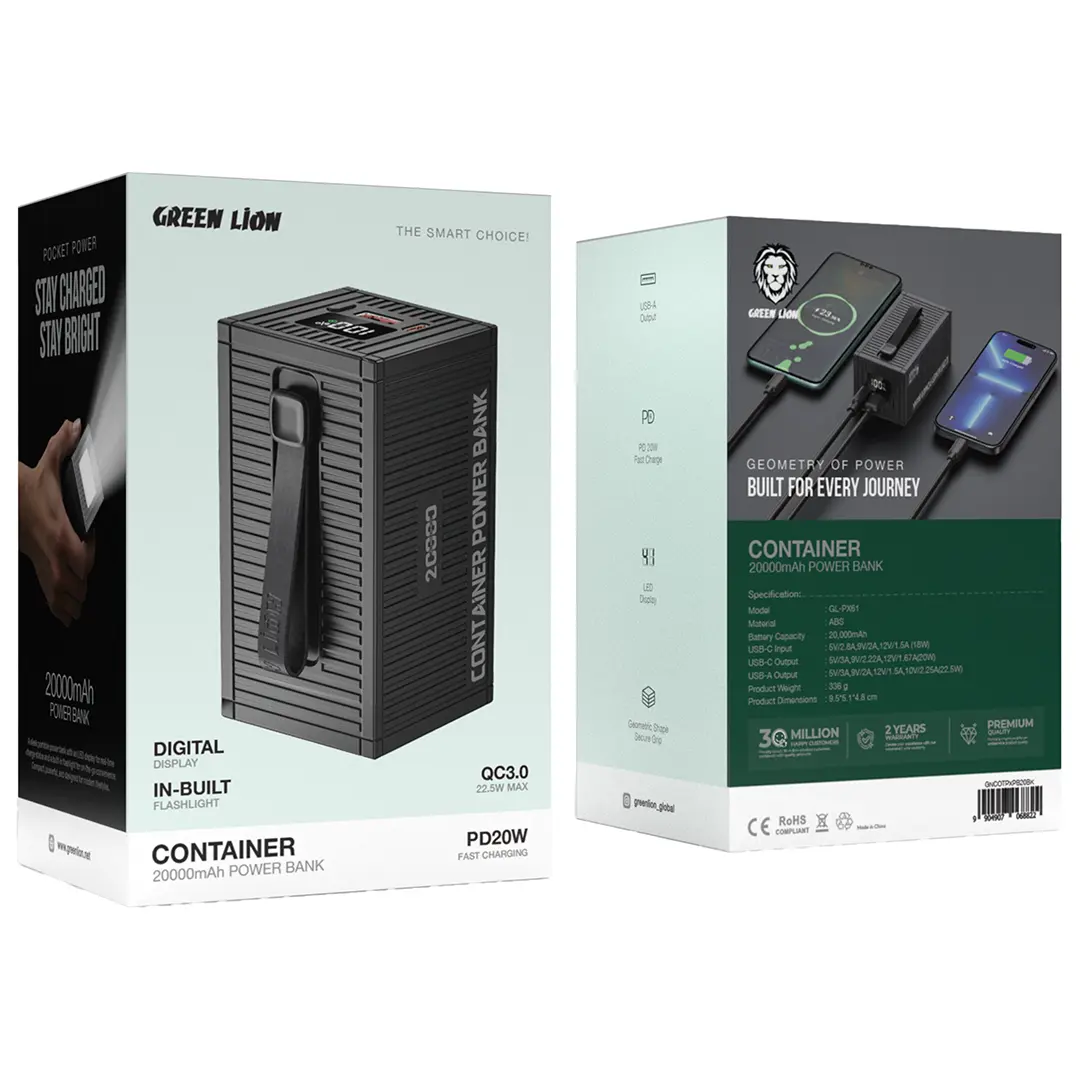 پاوربانک 20000 میلی آمپر کانتینر گرین لاین مدل Green Lion Container PowerBank GNCOTPXPB20BK