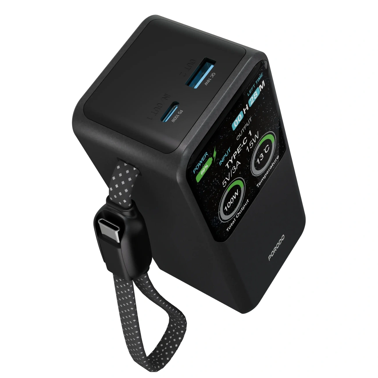 پاوربانک 20000 هوشمند با توان 100W و کابل پرودو مدل Porodo POLO II POWER BANK PDPBFCH0101BK