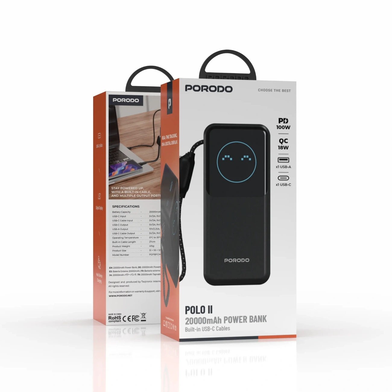 پاوربانک 20000 هوشمند با توان 100W و کابل پرودو مدل Porodo POLO II POWER BANK PDPBFCH0101BK