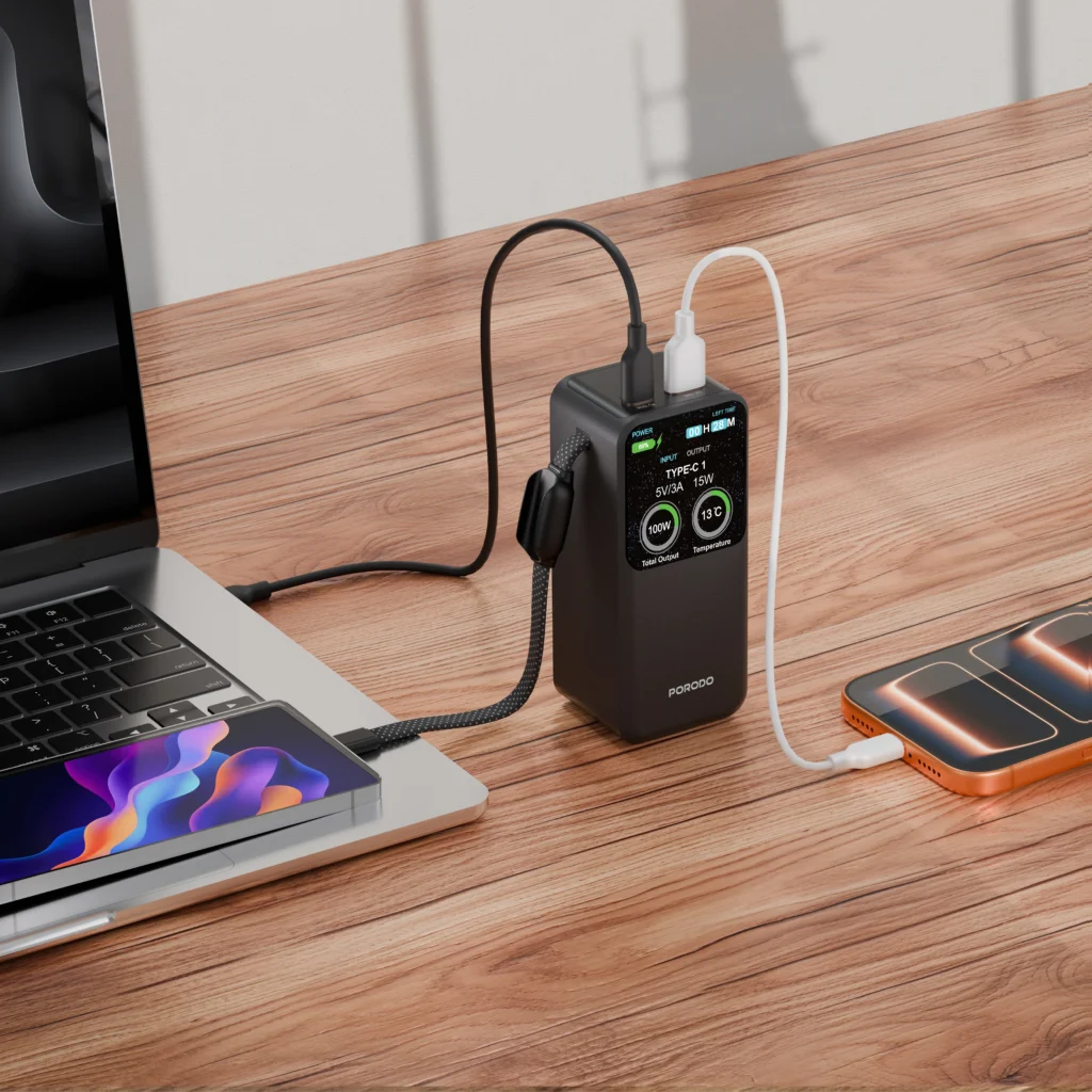 پاوربانک 20000 هوشمند با توان 100W و کابل پرودو مدل Porodo POLO II POWER BANK PDPBFCH0101BK